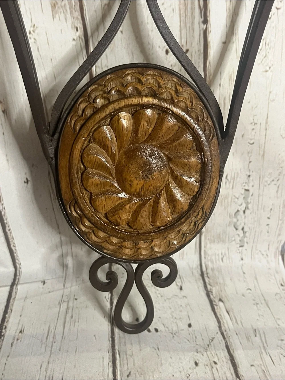 Vtg Half Moon Wood Wall Shelf Scrolled Wrought Iron Ornate Home Decor